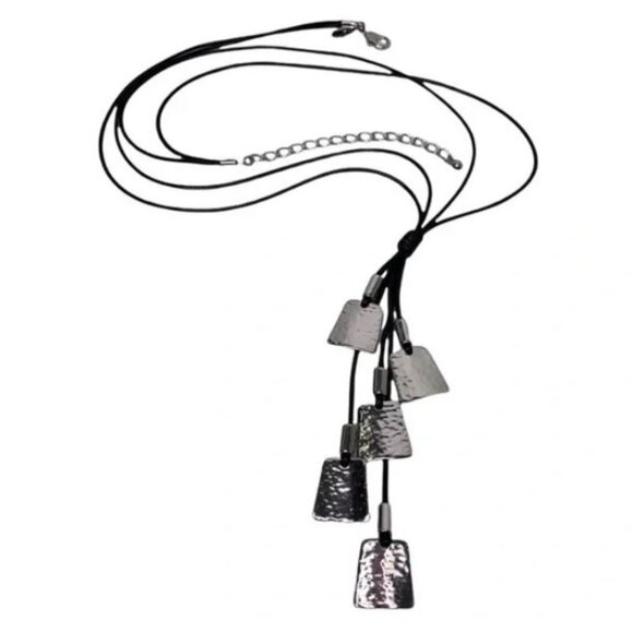 Chico’s Hammered Silver Long Necklace Black Cord - Picture 2 of 9